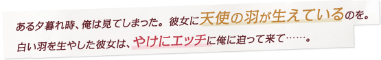 ある夕暮れ時、俺は見てしまった。彼女に天使の羽が生えているのを。白い羽を生やした彼女は、やけにエッチに俺に迫って来て……。